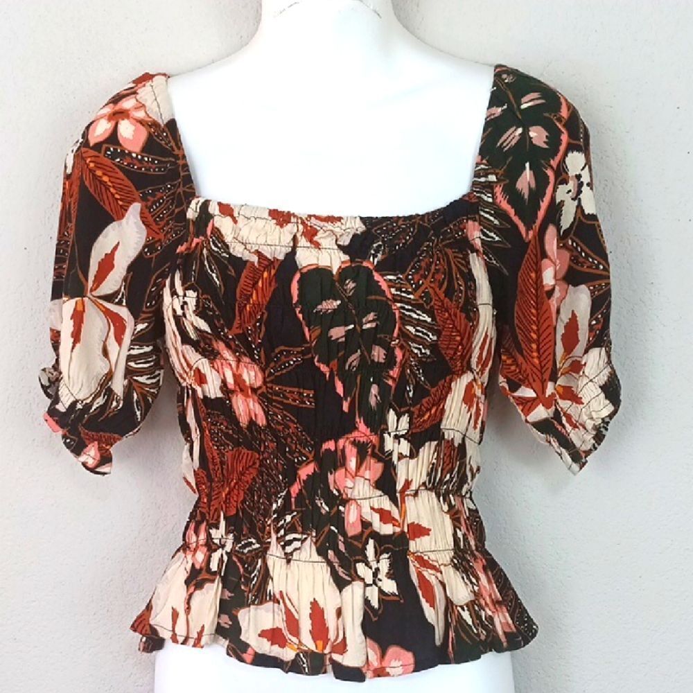 Womens Tropical/ Floral Puff Sleeve Square Neck Smocked Boho Top Sz XS